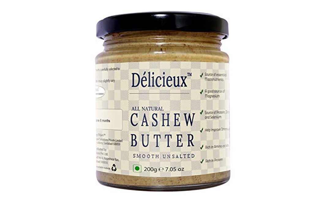 Delicieux All Natural Cashew Butter, Smooth Unsalted   Glass Jar  200 grams